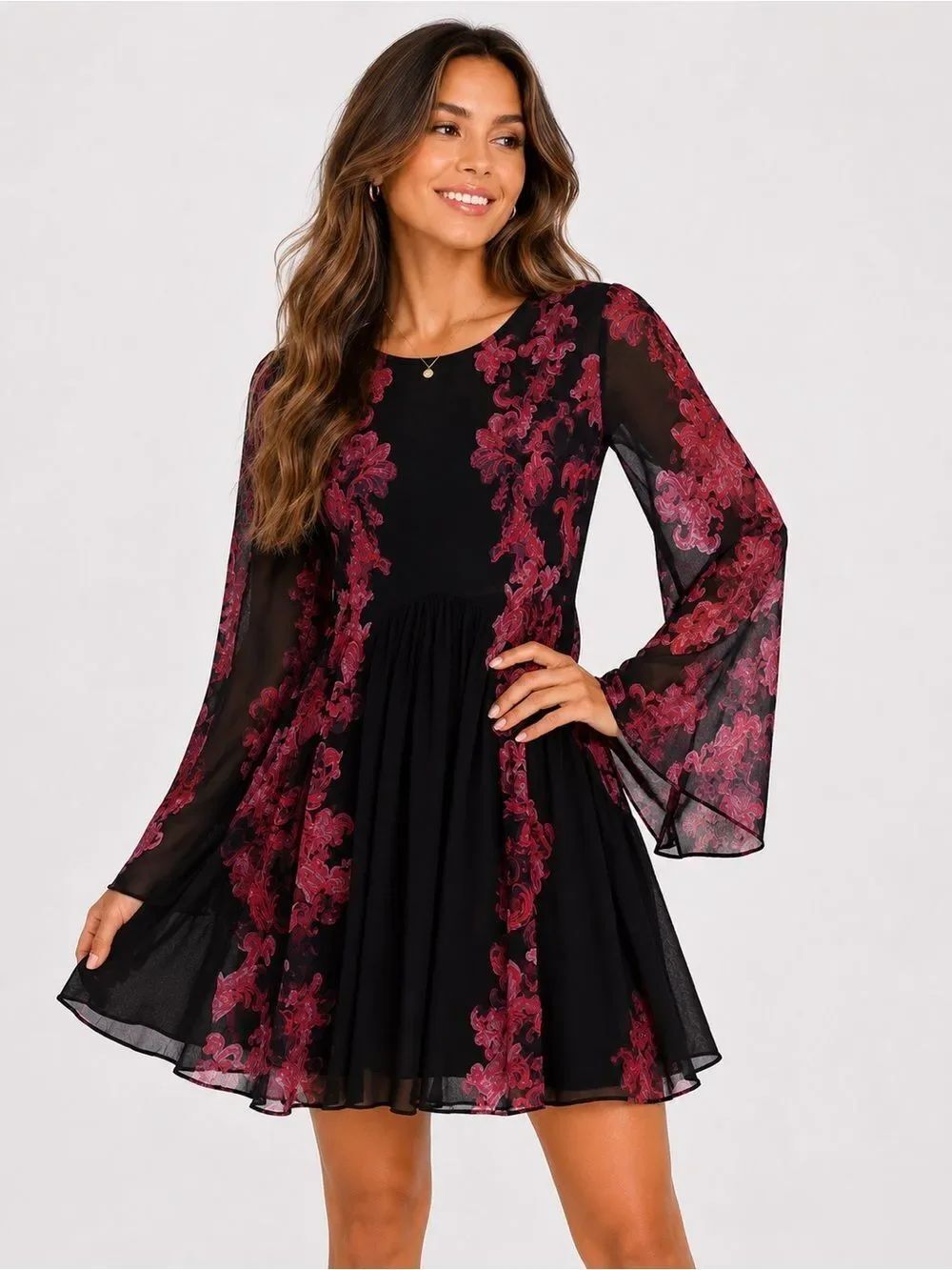 Free People Black Pink Boho Bell Sleeve Mini Dress ✨🖤💕